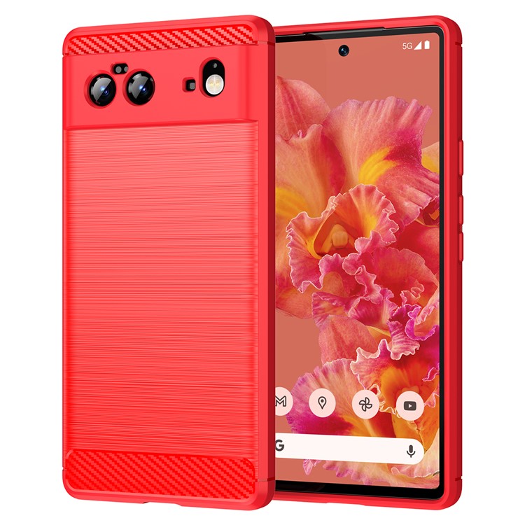 1.8mm Carbon Fiber Texture TPU Case Brushed Surface Fingerprint-Free Flexible TPU Phone Protective Back Cover for Google Pixel 6 - Red