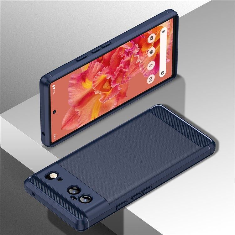 1.8mm Carbon Fiber Texture TPU Case Brushed Surface Fingerprint-Free Flexible TPU Phone Protective Back Cover for Google Pixel 6 - Blue