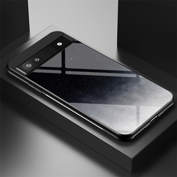 Starry Sky Pattern Tempered Glass + PC + TPU Slim Light Phone Case for Google Pixel 6a - Starry Crescent Moon