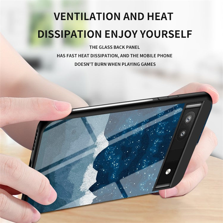 Starry Sky Pattern Tempered Glass + PC + TPU Slim Light Phone Case for Google Pixel 6a - Starry Crescent Moon