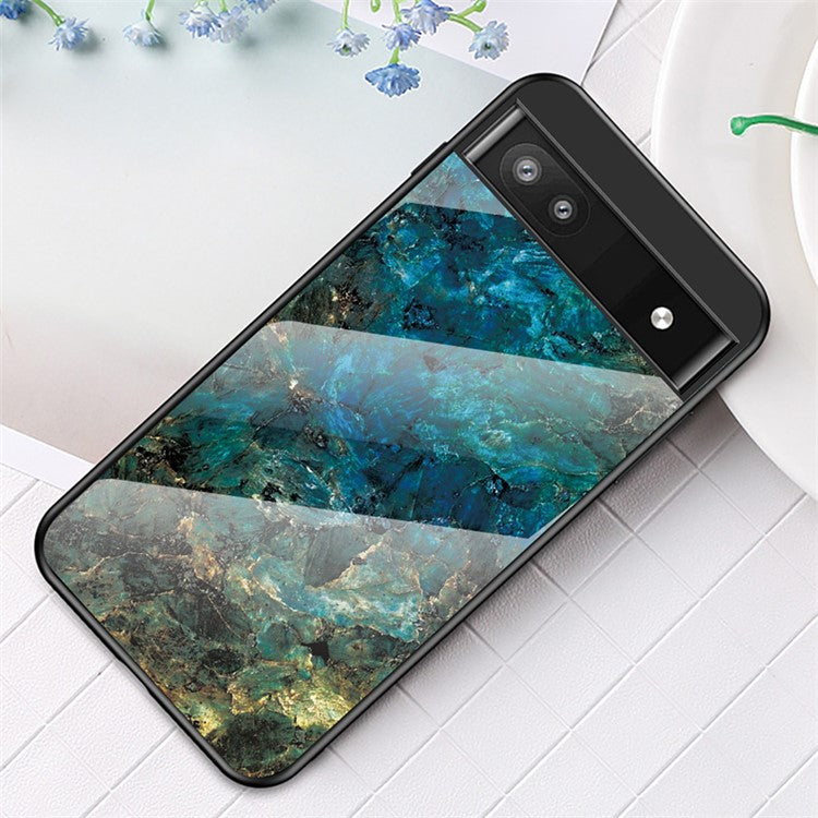 Marble Pattern Shockproof Protective TPU Phone Case Anti-Scratch Tempered Glass+PC Back Cover for Google Pixel 6a - Emerald Marble