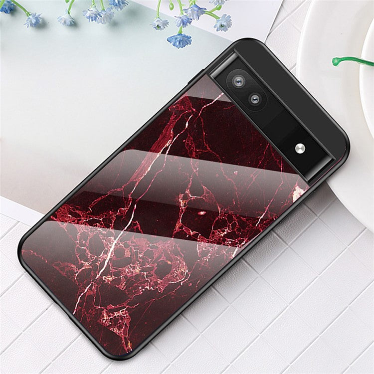 Marble Pattern Shockproof Protective TPU Phone Case Anti-Scratch Tempered Glass+PC Back Cover for Google Pixel 6a - Blood Red Marble