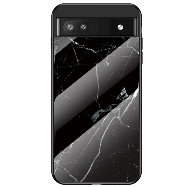 Marble Pattern Shockproof Protective TPU Phone Case Anti-Scratch Tempered Glass+PC Back Cover for Google Pixel 6a - Black Marble