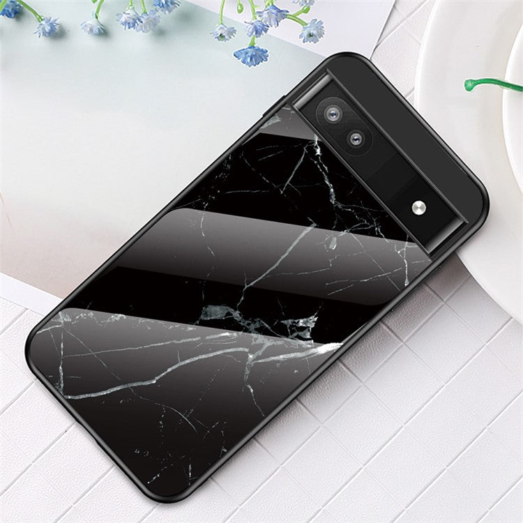 Marble Pattern Shockproof Protective TPU Phone Case Anti-Scratch Tempered Glass+PC Back Cover for Google Pixel 6a - Black Marble