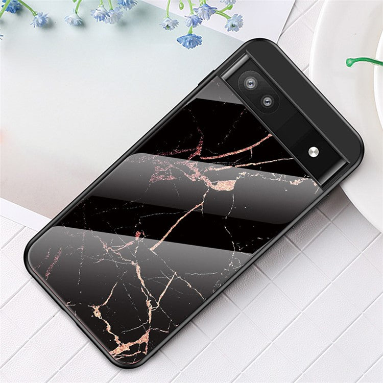 Marble Pattern Shockproof Protective TPU Phone Case Anti-Scratch Tempered Glass+PC Back Cover for Google Pixel 6a - Gold Black Marble
