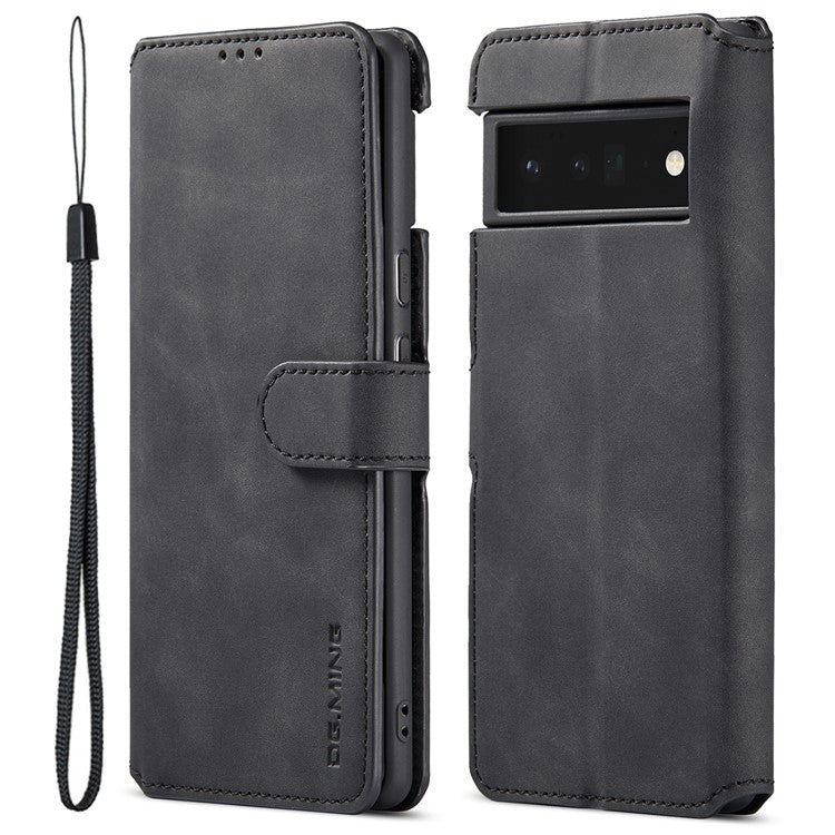 DG.MING Stand Wallet Design Retro Style PU Leather + TPU Phone Case Cover for Google Pixel 6 Pro - Black