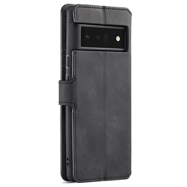 DG.MING Stand Wallet Design Retro Style PU Leather + TPU Phone Case Cover for Google Pixel 6 Pro - Black