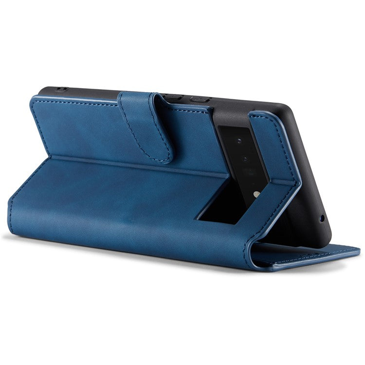 DG.MING Stand Wallet Design Retro Style PU Leather + TPU Phone Case Cover for Google Pixel 6 Pro - Blue