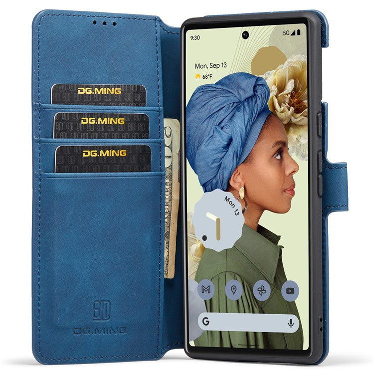 DG.MING Stand Wallet Design Retro Style PU Leather + TPU Phone Case Cover for Google Pixel 6 Pro - Blue