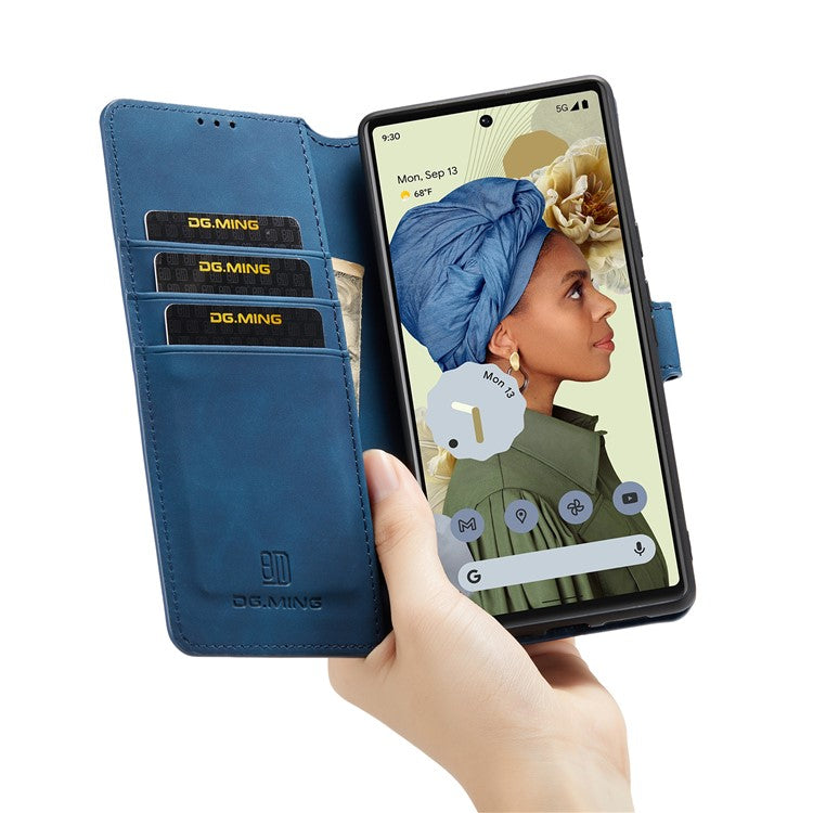 DG.MING Stand Wallet Design Retro Style PU Leather + TPU Phone Case Cover for Google Pixel 6 Pro - Blue