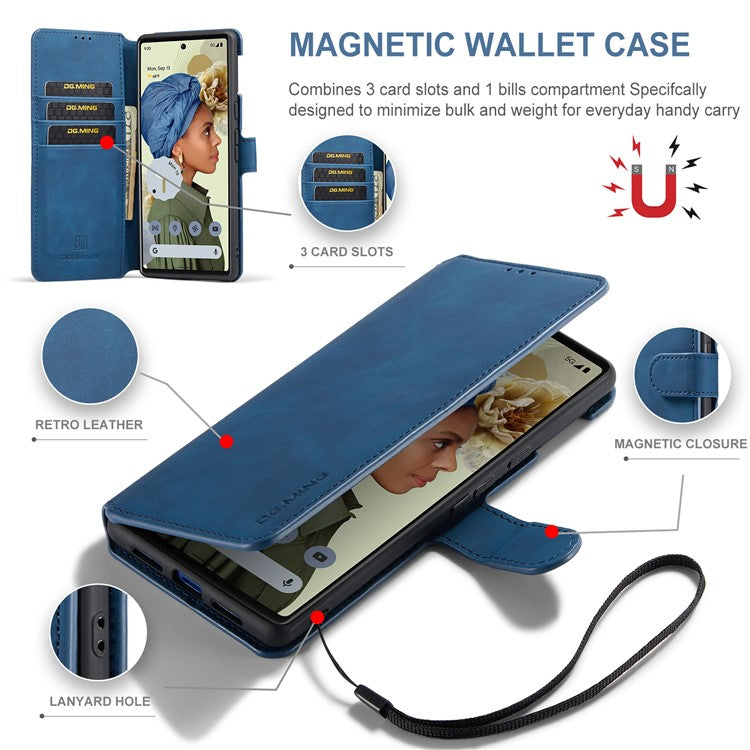 DG.MING Stand Wallet Design Retro Style PU Leather + TPU Phone Case Cover for Google Pixel 6 Pro - Blue