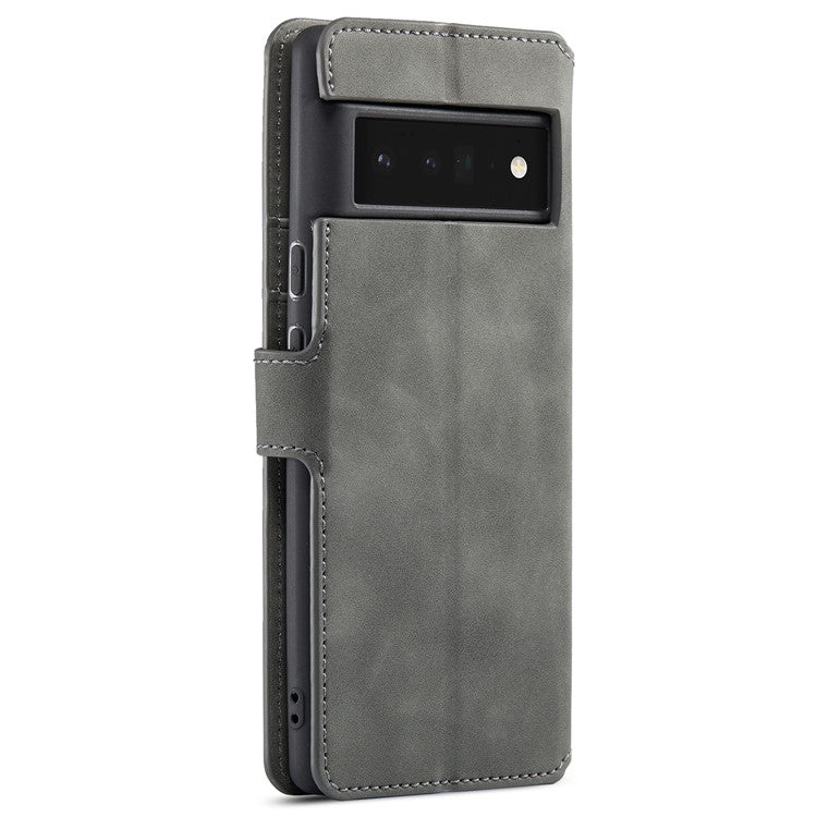 DG.MING Stand Wallet Design Retro Style PU Leather + TPU Phone Case Cover for Google Pixel 6 Pro - Grey