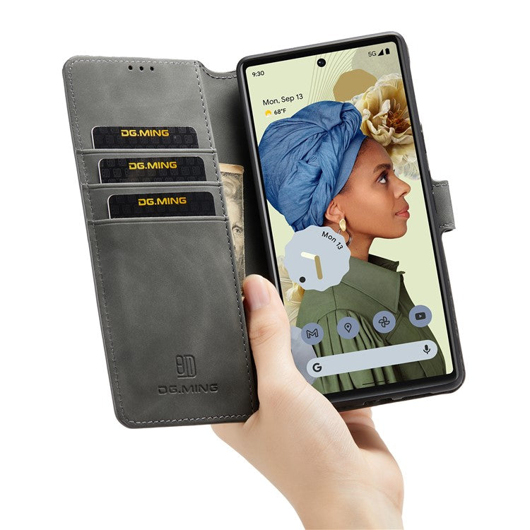 DG.MING Stand Wallet Design Retro Style PU Leather + TPU Phone Case Cover for Google Pixel 6 Pro - Grey