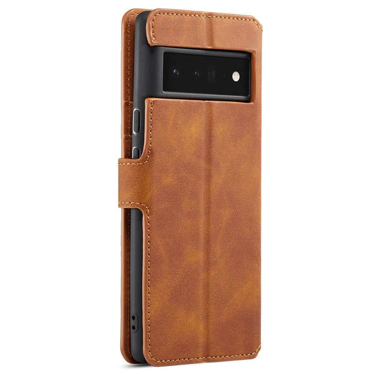 DG.MING Stand Wallet Design Retro Style PU Leather + TPU Phone Case Cover for Google Pixel 6 Pro - Brown