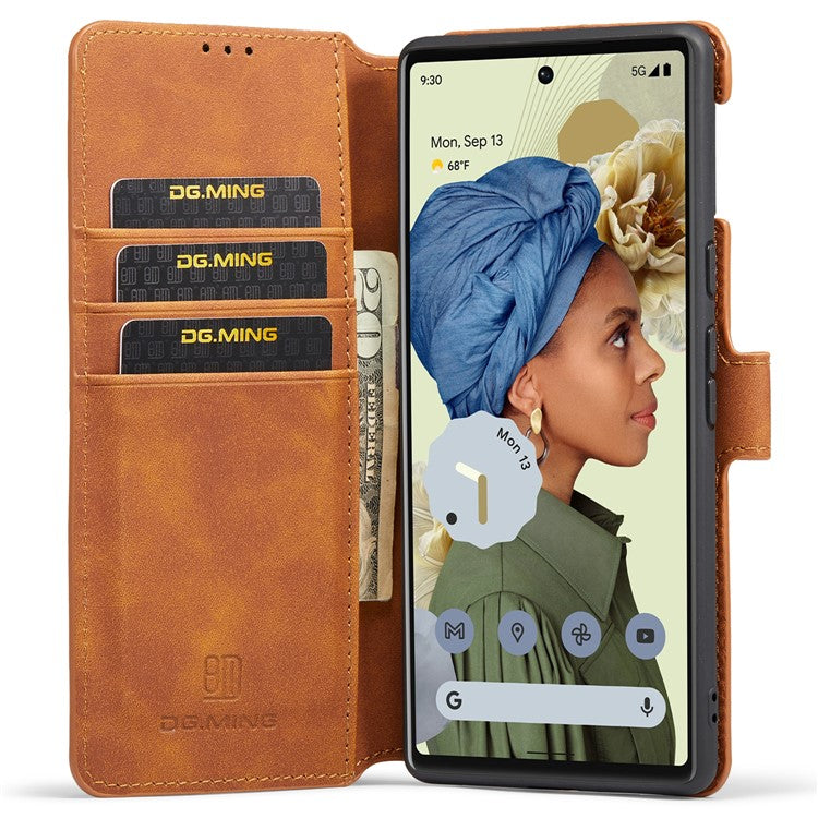 DG.MING Stand Wallet Design Retro Style PU Leather + TPU Phone Case Cover for Google Pixel 6 Pro - Brown