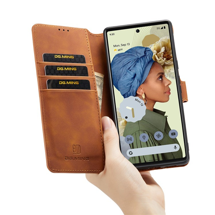DG.MING Stand Wallet Design Retro Style PU Leather + TPU Phone Case Cover for Google Pixel 6 Pro - Brown