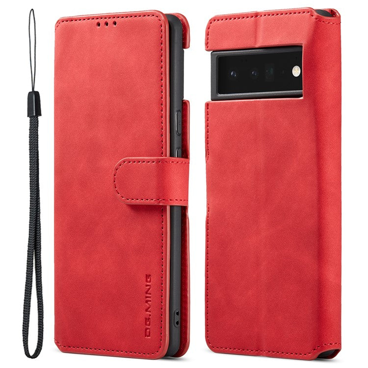 DG.MING Stand Wallet Design Retro Style PU Leather + TPU Phone Case Cover for Google Pixel 6 Pro - Red