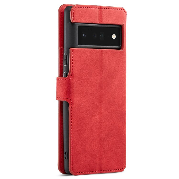 DG.MING Stand Wallet Design Retro Style PU Leather + TPU Phone Case Cover for Google Pixel 6 Pro - Red