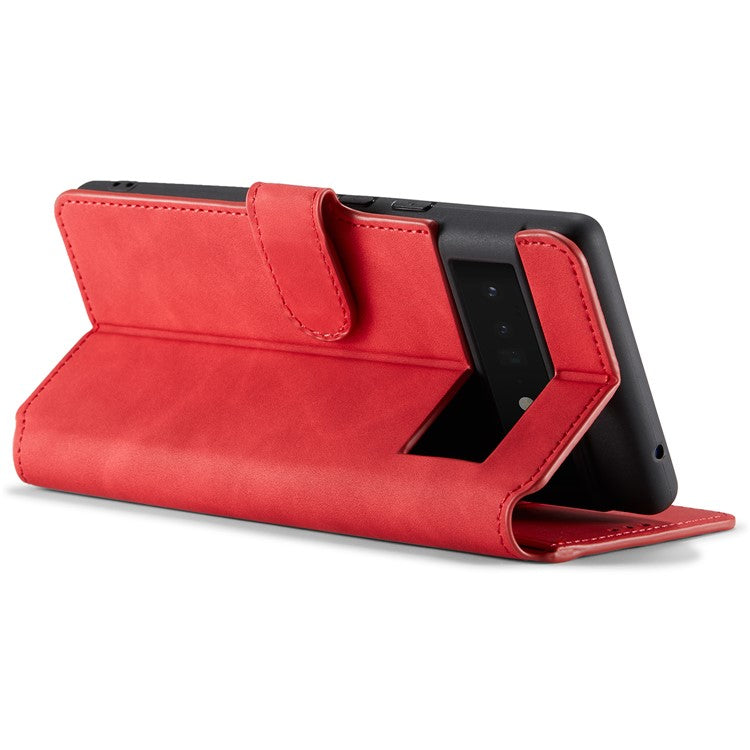 DG.MING Stand Wallet Design Retro Style PU Leather + TPU Phone Case Cover for Google Pixel 6 Pro - Red