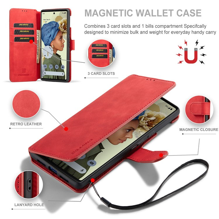 DG.MING Stand Wallet Design Retro Style PU Leather + TPU Phone Case Cover for Google Pixel 6 Pro - Red