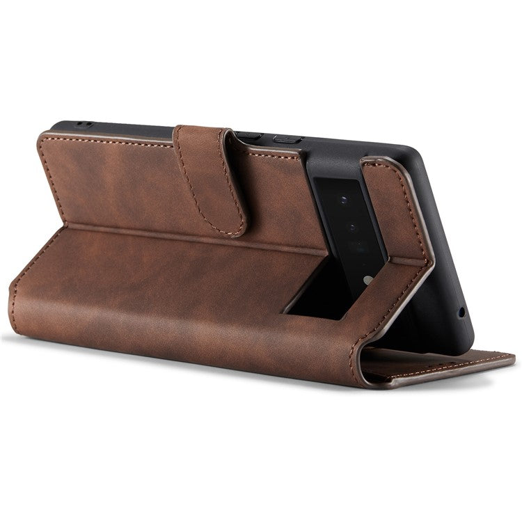 DG.MING Stand Wallet Design Retro Style PU Leather + TPU Phone Case Cover for Google Pixel 6 Pro - Coffee