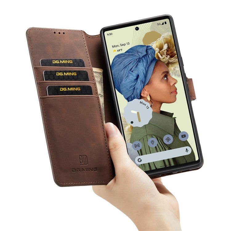 DG.MING Stand Wallet Design Retro Style PU Leather + TPU Phone Case Cover for Google Pixel 6 Pro - Coffee