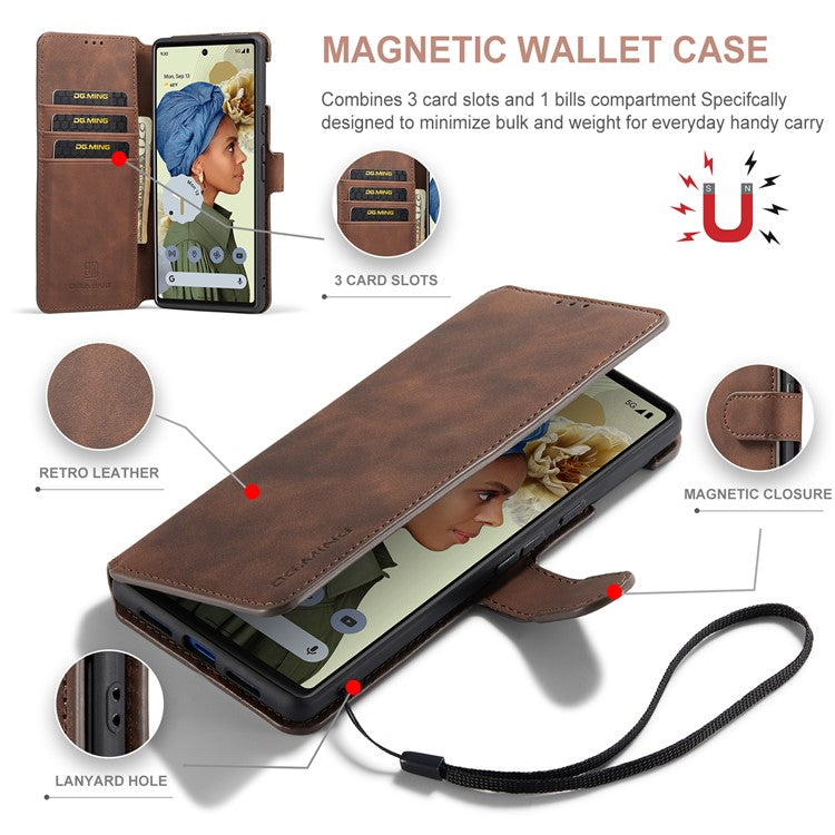 DG.MING Stand Wallet Design Retro Style PU Leather + TPU Phone Case Cover for Google Pixel 6 Pro - Coffee