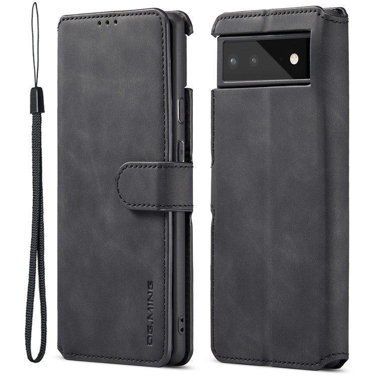 DG.MING Full Protection Retro Style PU Leather Cover Inner TPU Phone Case with Stand Wallet for Google Pixel 6 - Black
