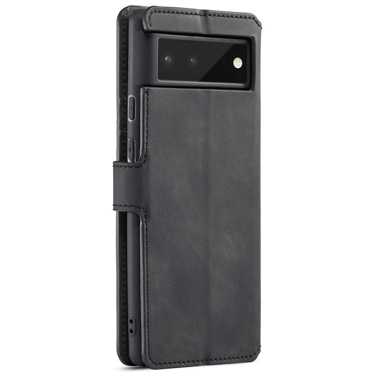 DG.MING Full Protection Retro Style PU Leather Cover Inner TPU Phone Case with Stand Wallet for Google Pixel 6 - Black