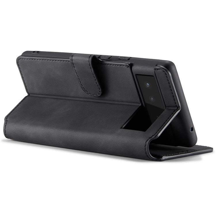 DG.MING Full Protection Retro Style PU Leather Cover Inner TPU Phone Case with Stand Wallet for Google Pixel 6 - Black