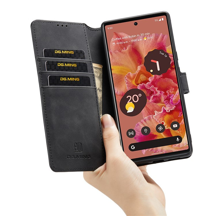 DG.MING Full Protection Retro Style PU Leather Cover Inner TPU Phone Case with Stand Wallet for Google Pixel 6 - Black