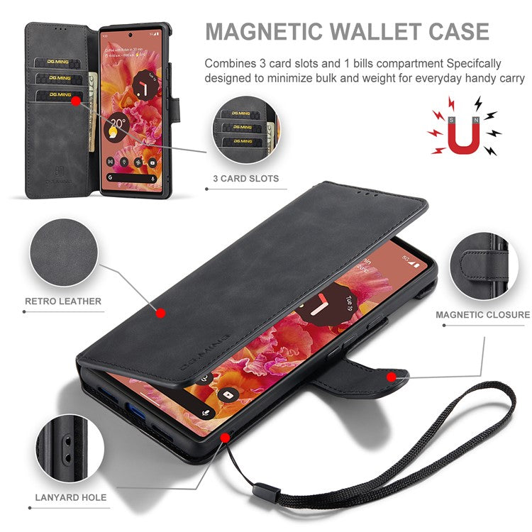 DG.MING Full Protection Retro Style PU Leather Cover Inner TPU Phone Case with Stand Wallet for Google Pixel 6 - Black