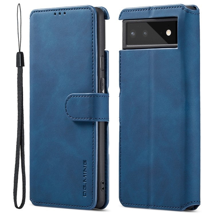 DG.MING Full Protection Retro Style PU Leather Cover Inner TPU Phone Case with Stand Wallet for Google Pixel 6 - Blue