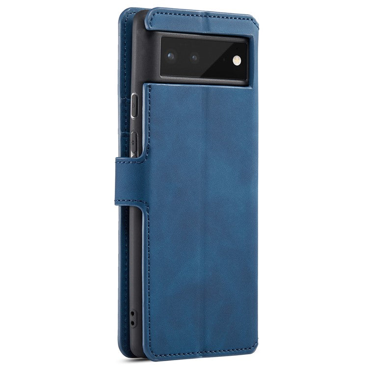 DG.MING Full Protection Retro Style PU Leather Cover Inner TPU Phone Case with Stand Wallet for Google Pixel 6 - Blue
