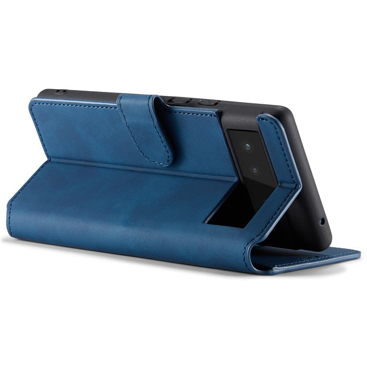 DG.MING Full Protection Retro Style PU Leather Cover Inner TPU Phone Case with Stand Wallet for Google Pixel 6 - Blue