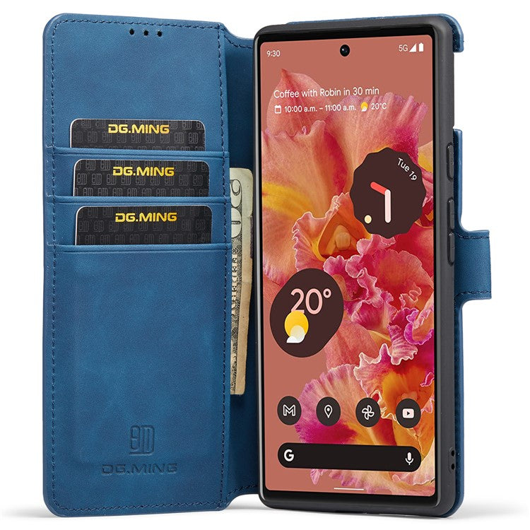 DG.MING Full Protection Retro Style PU Leather Cover Inner TPU Phone Case with Stand Wallet for Google Pixel 6 - Blue