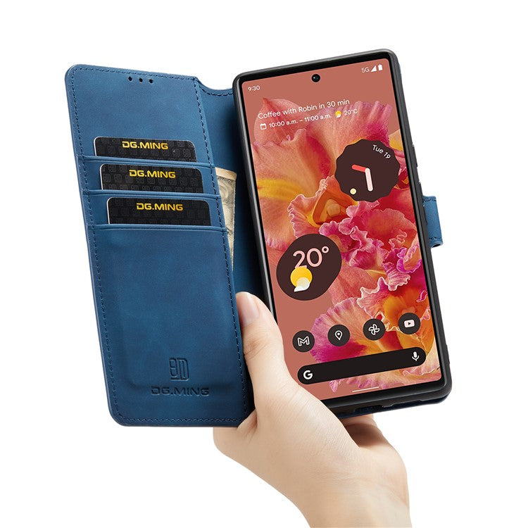 DG.MING Full Protection Retro Style PU Leather Cover Inner TPU Phone Case with Stand Wallet for Google Pixel 6 - Blue
