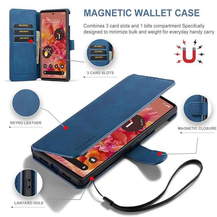 DG.MING Full Protection Retro Style PU Leather Cover Inner TPU Phone Case with Stand Wallet for Google Pixel 6 - Blue