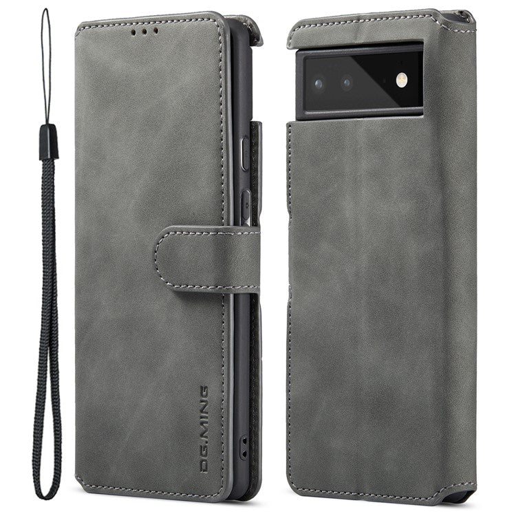 DG.MING Full Protection Retro Style PU Leather Cover Inner TPU Phone Case with Stand Wallet for Google Pixel 6 - Grey