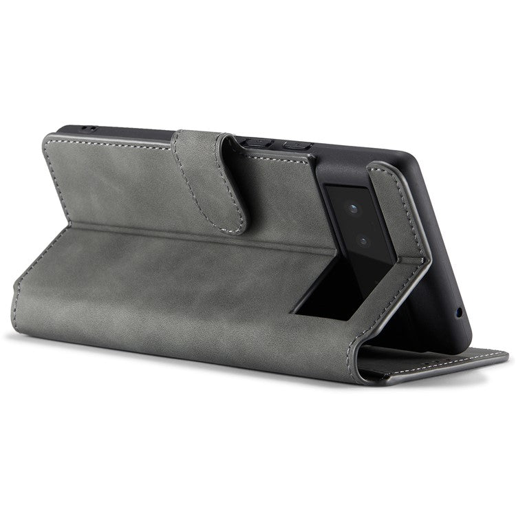 DG.MING Full Protection Retro Style PU Leather Cover Inner TPU Phone Case with Stand Wallet for Google Pixel 6 - Grey