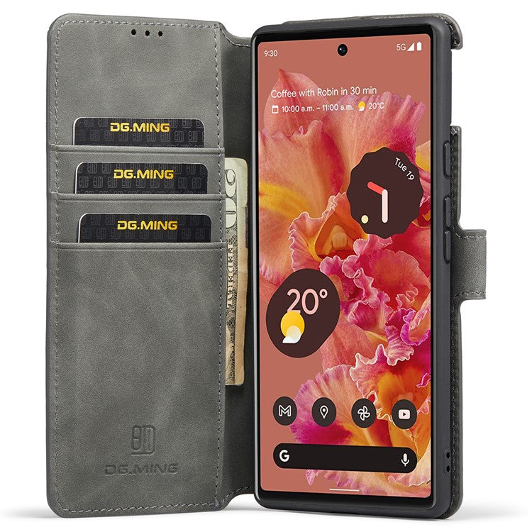 DG.MING Full Protection Retro Style PU Leather Cover Inner TPU Phone Case with Stand Wallet for Google Pixel 6 - Grey
