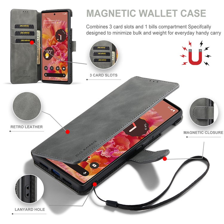 DG.MING Full Protection Retro Style PU Leather Cover Inner TPU Phone Case with Stand Wallet for Google Pixel 6 - Grey