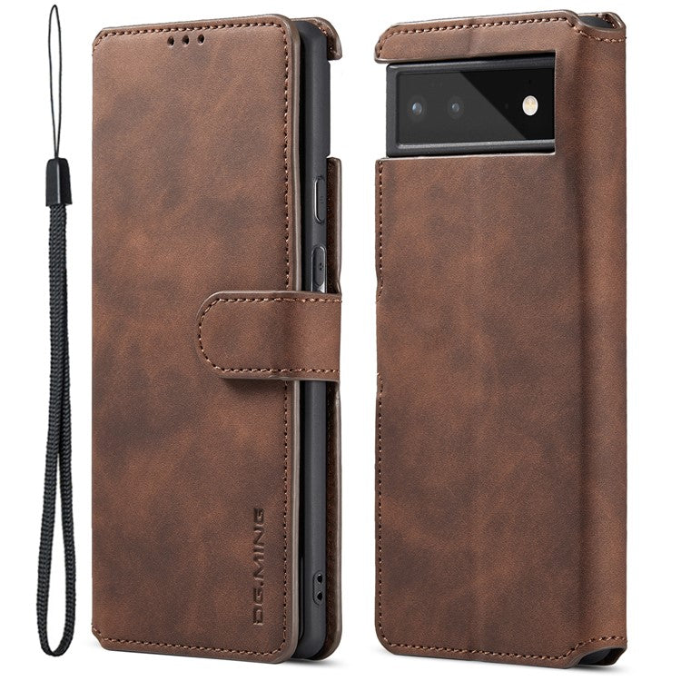 DG.MING Full Protection Retro Style PU Leather Cover Inner TPU Phone Case with Stand Wallet for Google Pixel 6 - Coffee