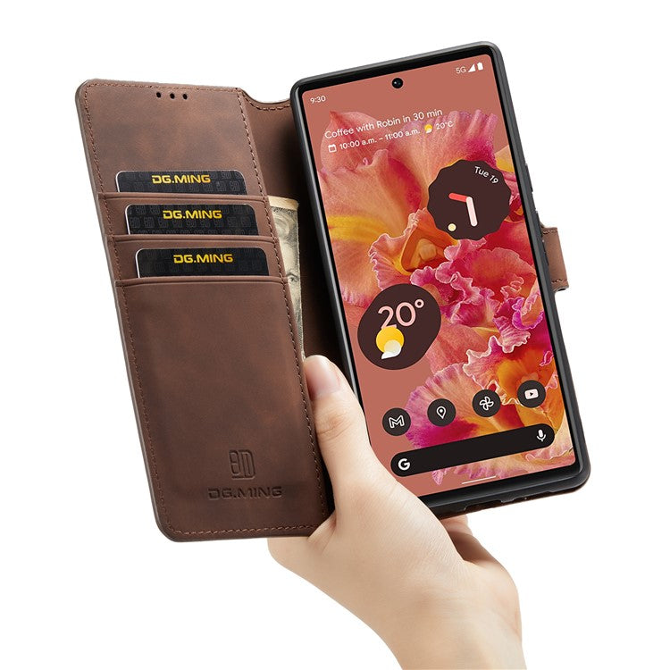 DG.MING Full Protection Retro Style PU Leather Cover Inner TPU Phone Case with Stand Wallet for Google Pixel 6 - Coffee