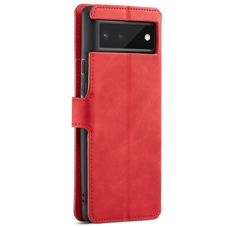 DG.MING Full Protection Retro Style PU Leather Cover Inner TPU Phone Case with Stand Wallet for Google Pixel 6 - Red