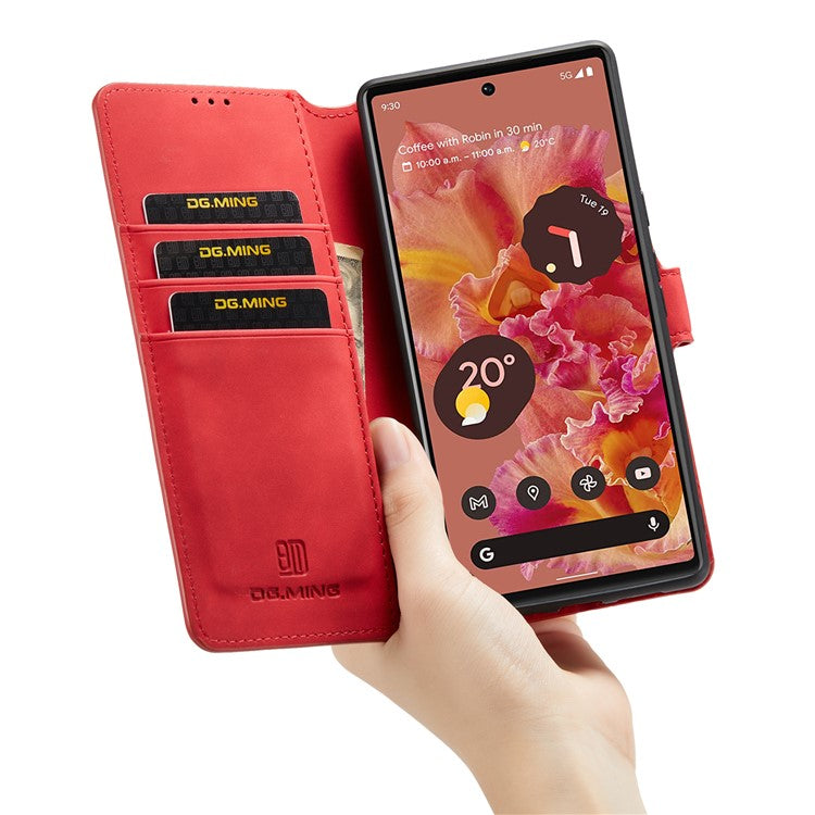 DG.MING Full Protection Retro Style PU Leather Cover Inner TPU Phone Case with Stand Wallet for Google Pixel 6 - Red