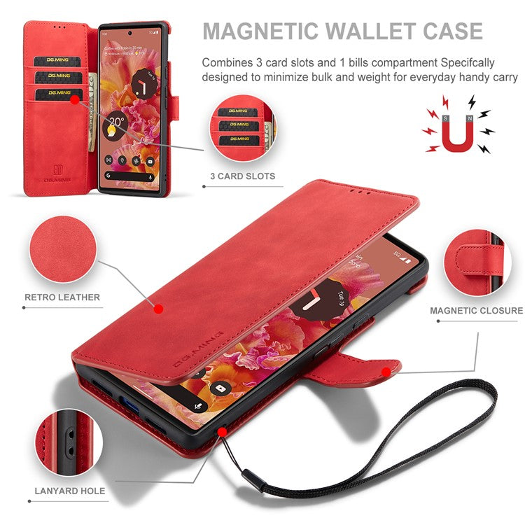 DG.MING Full Protection Retro Style PU Leather Cover Inner TPU Phone Case with Stand Wallet for Google Pixel 6 - Red