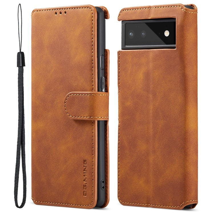 DG.MING Full Protection Retro Style PU Leather Cover Inner TPU Phone Case with Stand Wallet for Google Pixel 6 - Brown