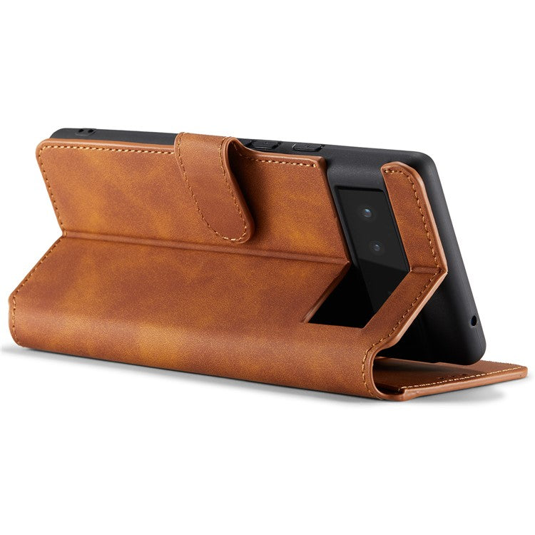 DG.MING Full Protection Retro Style PU Leather Cover Inner TPU Phone Case with Stand Wallet for Google Pixel 6 - Brown