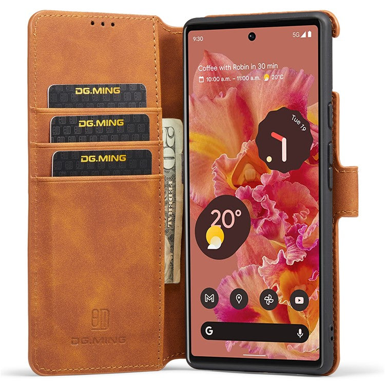 DG.MING Full Protection Retro Style PU Leather Cover Inner TPU Phone Case with Stand Wallet for Google Pixel 6 - Brown